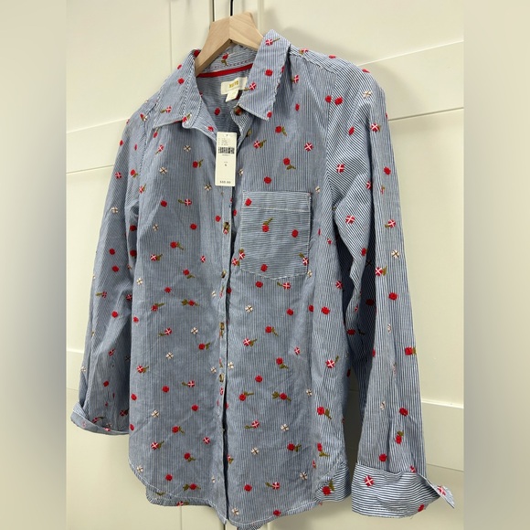 Maeve Anthropologie Embroidered Floral Button Down Shirt Size 6 NWT blue stripe - Picture 6 of 15